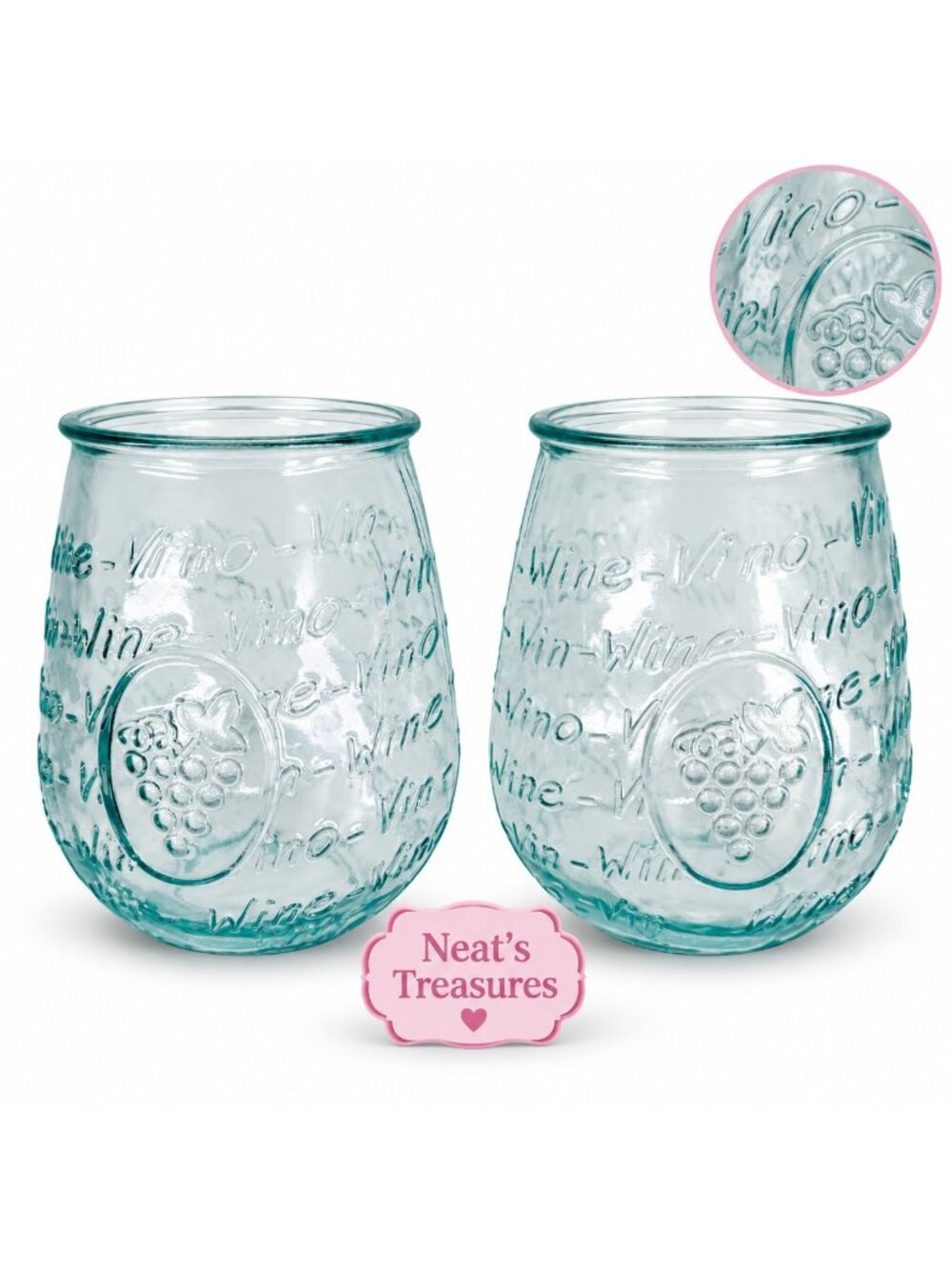 WINE VINO Embossed Grapes Word Green Tint Stemless Large 24oz Wine Glasses Set 2